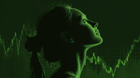 A woman is depicted with a green wireframe overlay, looking upwards. Behind her, financial data and stock market graphs illustrate a blend of technology and finance.の素材