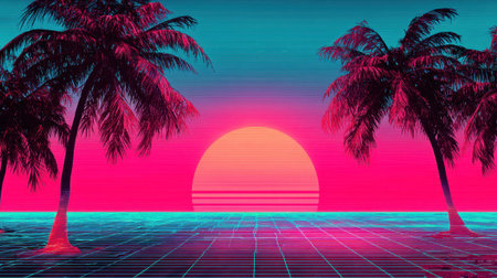 A vibrant sunset illuminates the sky in shades of pink and blue. Palm trees frame the scene, enhancing the retro aesthetic of the grid landscape by the ocean.の素材