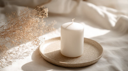 A white candle stands on a textured stone plate beside delicate dried flowers, creating a calm and serene atmosphere in a softly lit indoor space.の素材