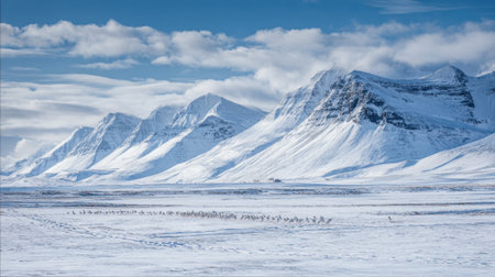 Majestic snowcapped mountains rise sharply against a vibrant blue sky. A vast, snowy landscape stretches below, hinting at remote wilderness in winter.の素材