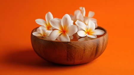 A wooden bowl contains delicate white flowers with yellow accents, floating serenely in water, set against a vibrant orange backdrop that enhances their beauty.の素材