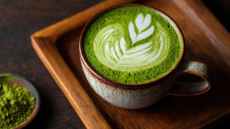A warm matcha latte sits in a rustic cup, showing beautiful leaf art on top. The drink is placed on a wooden tray, surrounded by green powder, creating a cozy atmosphere.の素材