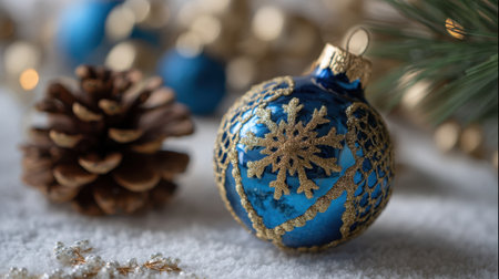 A shimmering blue ornament adorned with intricate gold patterns sits next to a pinecone on a soft surface. This scene evokes the warmth and joy of the holiday season, filled with charm.の素材