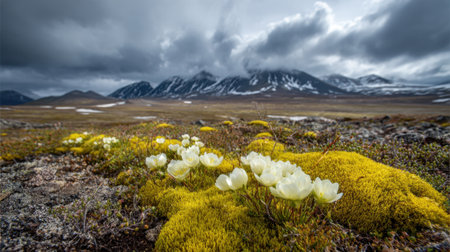 Blooming white flowers and vibrant green moss blanket the rocky ground in a mountainous area. Dark clouds loom over majestic peaks, creating a dramatic atmosphere.の素材