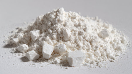 A small heap of white powder rests on a smooth, bright surface. The texture shows clumps and fine particles, illuminated by natural light, creating interesting shadows.の素材