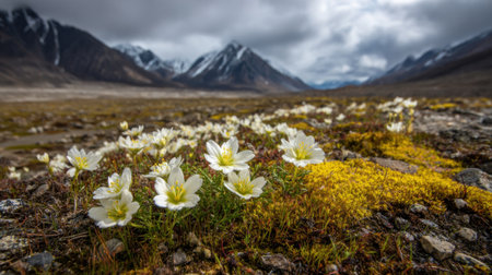 Delicate wildflowers with white petals emerge from rocky terrain against a backdrop of majestic mountains under a cloudy sky, showing nature's beauty in the Arctic.の素材
