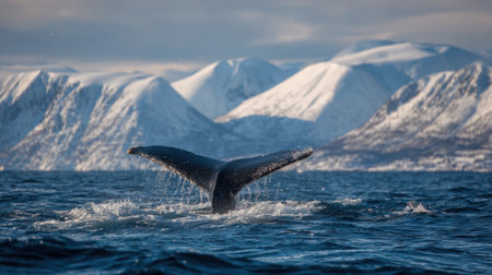 A graceful whale's tail emerges from the ocean waters as it dives, surrounded by stunning snow-covered mountains and clear blue skies. The scene captures the beauty of nature.の素材