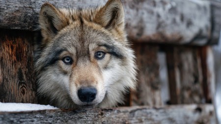 A wolf is seen resting its head on a wooden fence, its striking blue eyes peering out. Snow covers the ground, creating a serene winter scene in nature.の素材