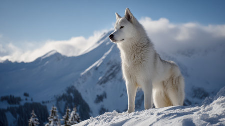 A white dog with a thick coat stands on a snowy landscape, gazing into the distance. Mountain peaks rise in the background, bathed in sunlight. It is a serene winter scene.の素材