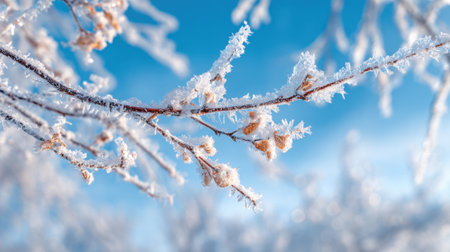 Delicate branches adorned with frost glisten under the warm sunlight on a chilly winter day. The sky is vibrant and clear, showing the beauty of the season.の素材