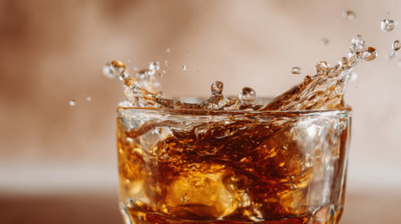 A glass filled with a dark liquid is shown as ice cubes create a splash. The warm tones of the background suggest a cozy indoor environment during a casual evening.の素材