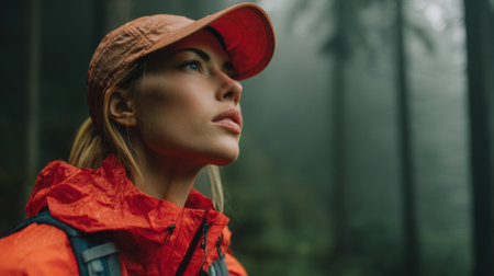 A young woman stands in a dense, misty forest, dressed in a bright red jacket and cap. She gazes upward, appreciating the serene atmosphere and tall trees around her.の素材