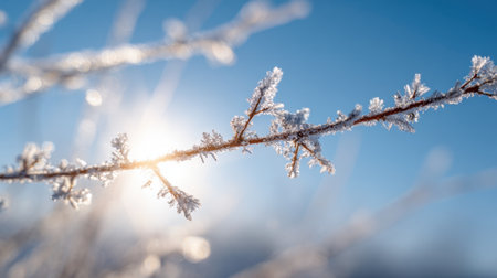 A branch covered in frost catches sunlight, creating a sparkling effect. The clear blue sky enhances the beauty of this winter scene, showing nature's delicate details.の素材
