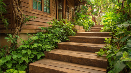 Sturdy wooden steps wind through vibrant greenery, connecting rustic homes nestled in a peaceful garden. The scene captures tranquility and natural beauty during daylight.の素材