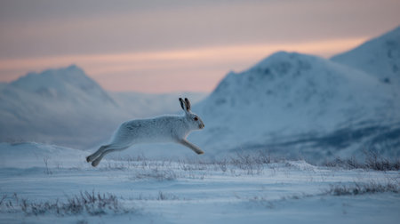 A snowshoe hare jumps gracefully over the snow, showcasing its agility against a backdrop of majestic mountains at twilight. The scene is tranquil and cold.の素材