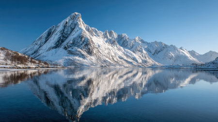 Majestic snow-covered mountains rise alongside a tranquil blue lake. The clear blue sky adds to the serene atmosphere, creating a perfect reflection on the waters surface.の素材
