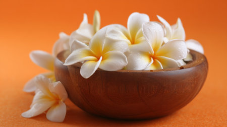 Bright plumeria flowers with white petals and yellow centers are beautifully arranged in a round wooden bowl, set against a vivid orange backdrop, creating a warm atmosphere.の素材