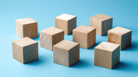 Nine wooden blocks of varying texture sit neatly on a soft blue background, inviting play, creativity, and exploration in design and building activities.の素材