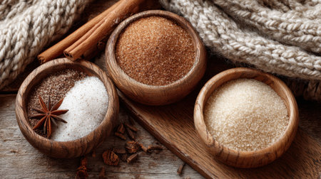 Three wooden bowls are filled with different types of sugars and spices, including white sugar, brown sugar, and ground cinnamon. Natural textures enhance the cozy kitchen atmosphere.の素材