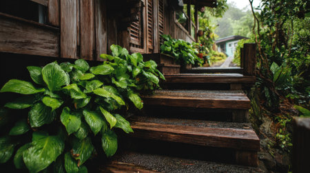 Raindrops linger on lush green leaves lining the wooden steps leading to a rustic cabin. The serene atmosphere of the rainy forest adds tranquility to this natural retreat.の素材