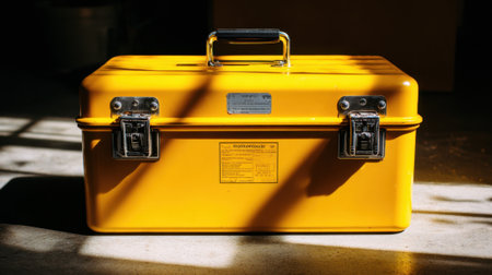 A bright yellow toolbox sits on a workbench, catching warm sunlight and casting shadows around. It represents classic design and practicality, perfect for tools and supplies.の素材