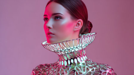 A model poses in a studio wearing a unique outfit with a sculptural collar. The vibrant neon lighting enhances the outfit's metallic textures, creating a striking visual effect.の素材