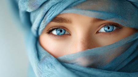 A young woman with striking blue eyes emerges from behind a flowing blue veil. The soft natural light highlights her features and creates an intriguing atmosphere.の素材