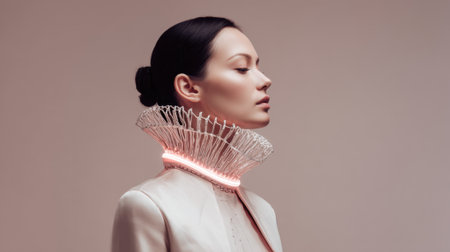 A model showcases an innovative fashion piece with an illuminated collar in a simple studio. The design highlights modern style and creative craftsmanship.の素材
