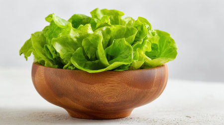 A wooden bowl filled with fresh, crisp green lettuce sits on a plain surface, illuminated by soft natural light. The vibrant leaves display their healthy texture, inviting for a salad.の素材