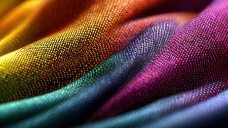 Brightly colored fabric folds elegantly, showing rich textures and vibrant hues under soft lighting. The play of colors creates a striking visual appeal for textile design.の素材