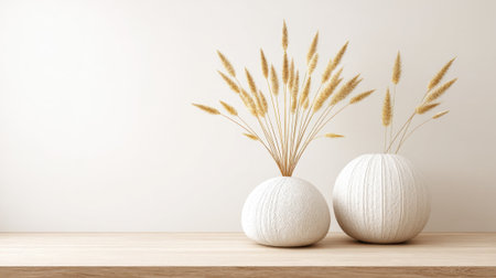 Two elegant white vases sit on a wooden table, each holding dry grass. The minimalist background enhances their simple beauty, creating a calm atmosphere in the room.の素材