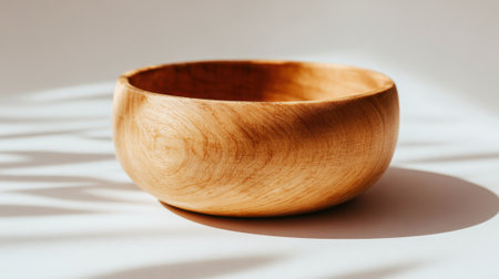 A wooden bowl sits on a smooth surface, bathed in soft, natural light. The intricate grain and texture of the wood are highlighted, creating a serene and warm atmosphere.の素材
