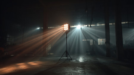 Bright light from a spotlight cuts through the dust in an empty warehouse, creating dramatic shadows and a mysterious atmosphere in the early morning.の素材