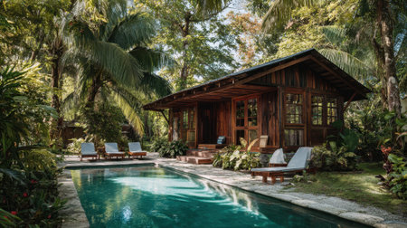 A cozy wooden cabin nestled among tall palm trees features a peaceful pool. Lounge chairs sit invitingly by the water, creating a perfect retreat for relaxation.の素材