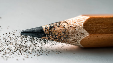 A sharpened pencil rests on a flat, light-colored surface. Shavings and fine graphite dust scatter around the tip, showcasing the pencils use and creating a creative workspace atmosphere.の素材