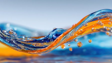 Vibrant waves of water in shades of blue and orange are captured mid-motion, showcasing bubbles rising to the surface on a sunny day. The movement creates a lively atmosphere.の素材