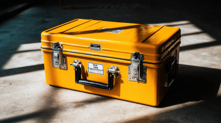 A sturdy yellow storage case rests on a concrete floor, illuminated by sunlight filtering through nearby windows. The case features metal latches and a label, hinting at its reliable use.の素材