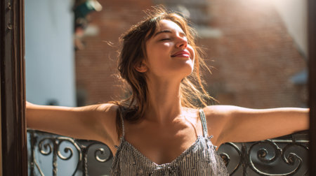 A young woman stands at an open doorway, embracing the warm sunlight. She has a peaceful expression and appears relaxed in a charming urban environment during the late afternoon.の素材