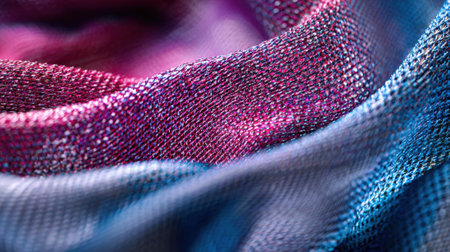 The fabric features vibrant shades of purple, pink, and blue intertwined, showing a soft texture. The light enhances the colors, creating an appealing visual effect.の素材