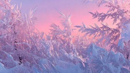 A serene winter scene showcases frosted foliage at dawn, with delicate ice crystals glistening against a colorful sky of pink and purple hues, creating a magical atmosphere.の素材