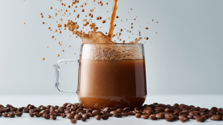 Rich brown coffee splashes dramatically from a clear mug filled to the brim, surrounded by dark roasted coffee beans. This vibrant scene highlights the essence of coffee enjoyment.の素材