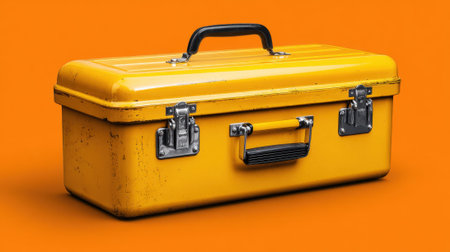 A sturdy yellow toolbox sits against a vibrant orange background. Its metallic latches and handle highlight its practicality for storing various tools and supplies effectively.の素材