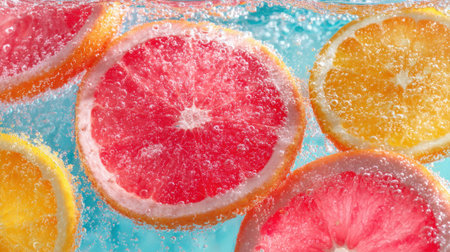 Slices of grapefruit and orange are submerged in sparkling water, creating bubbles and a colorful display under the sunlight. The scene is refreshing and vibrant.の素材