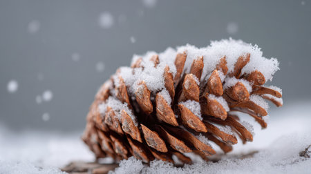 A pine cone is blanketed with fresh snow on the ground, showing the beauty of winter in the forest. Soft snowflakes fall around, creating a serene atmosphere.の素材