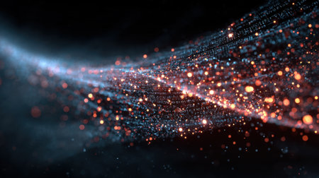 Colorful particles move gracefully through a dark backdrop, illustrating a blend of light and energy. The scene conveys a sense of digital transformation, inviting curiosity and wonder.の素材