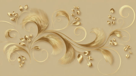This stunning artwork features a golden floral design set against a soft beige background. The intricate swirls and delicate leaves create a luxurious and elegant look.の素材
