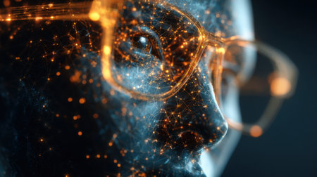 A digital representation of a face appears, made of glowing particles and light. The figure is adorned with glasses and set against a dark background, giving it a high-tech atmosphere.の素材