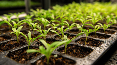 Young seedlings are thriving in neatly arranged seed trays filled with rich soil. The greenhouse provides a warm and nurturing environment for their growth.の素材