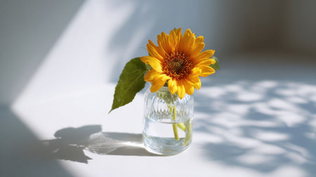 A vibrant sunflower sits in a clear glass vase filled with water. The soft light casts gentle shadows on the surface, creating a serene afternoon atmosphere.の素材