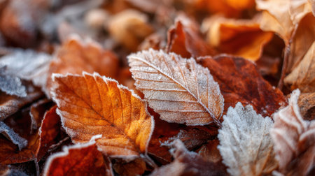 Colorful leaves in shades of orange, red, and brown are sprinkled with frost, creating a crisp scene on a quiet morning in the woods. Nature displays its beauty as seasons change.の素材